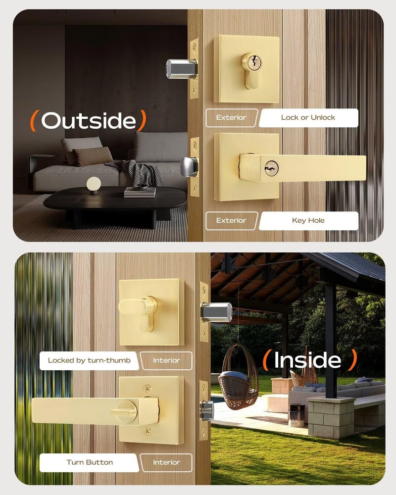 Leydebong 3 Pack Gold Door Knobs with Lock and Key  Entry Door Levers with Single Cylinder Deadbolt  Keyed Alike Exterior Door Knobs with Lock and Keys for Entrance and Front Door - Image 3